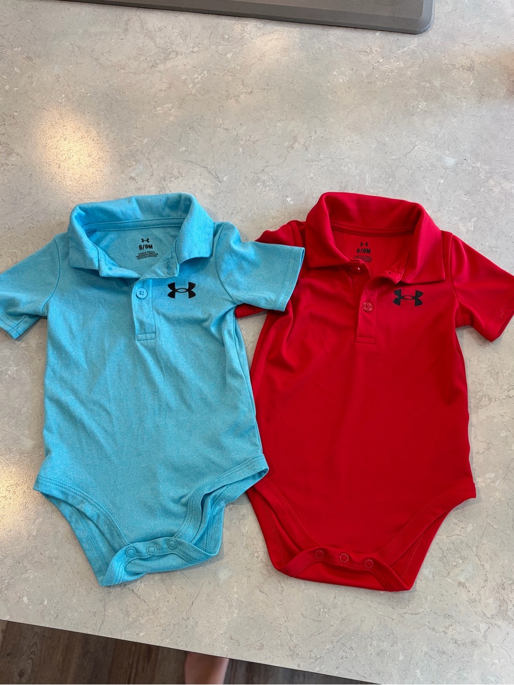 Bundle of 2 Under Armour Baby golf shirt  onesies - Aqua Blue & Bright Red